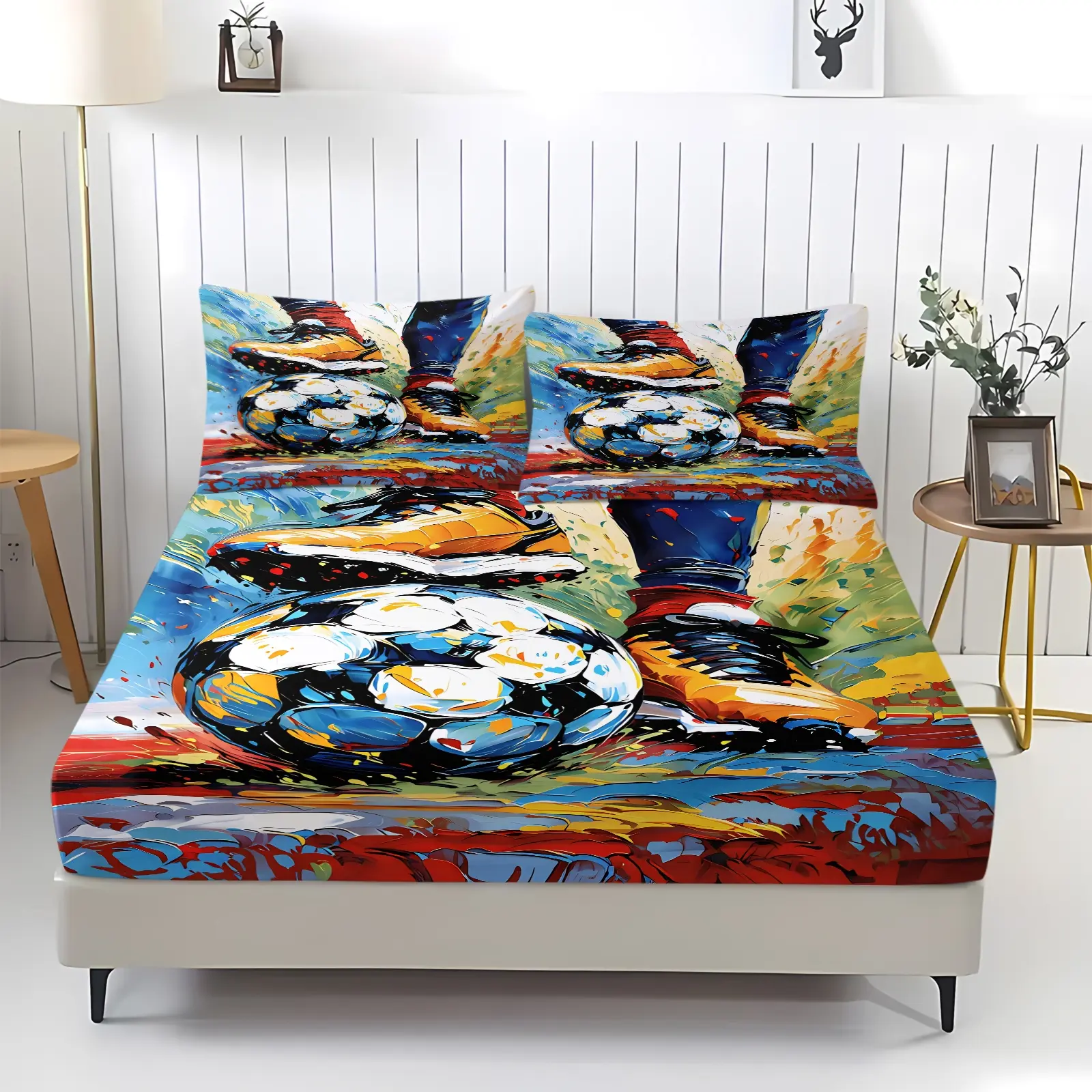 Colorful Oil Painting Soccer Shoe Full Wrap Fitted Sheet Set, Includes 2 Pillowcases, 3D Thick Brush Sport Pattern, Fade-resistant Printing, Anti-slip Edge, Viral Photogenic Bedding For Boys Kids Room & Football Fan Apartment Bedding Sheets