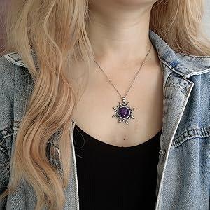 Turquoise Necklace for Women, Boho Sun Pendant Necklace with Stainless Steel Chain, Handmade Spiritual Healing Stone Western Necklace for Women