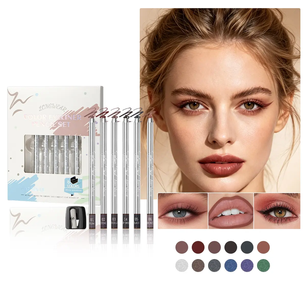 Multifunctional Color Eyeliner Pencil Set, 12 Shades Waterproof Smooth Eyeliner Pen, 3 in 1 Multi-Use Eye Liner Lip Liner Eyeshadow Pencil Kit with Sharpener, Long Lasting Creamy Eyeliner Pencils for Daily Eye Makeup