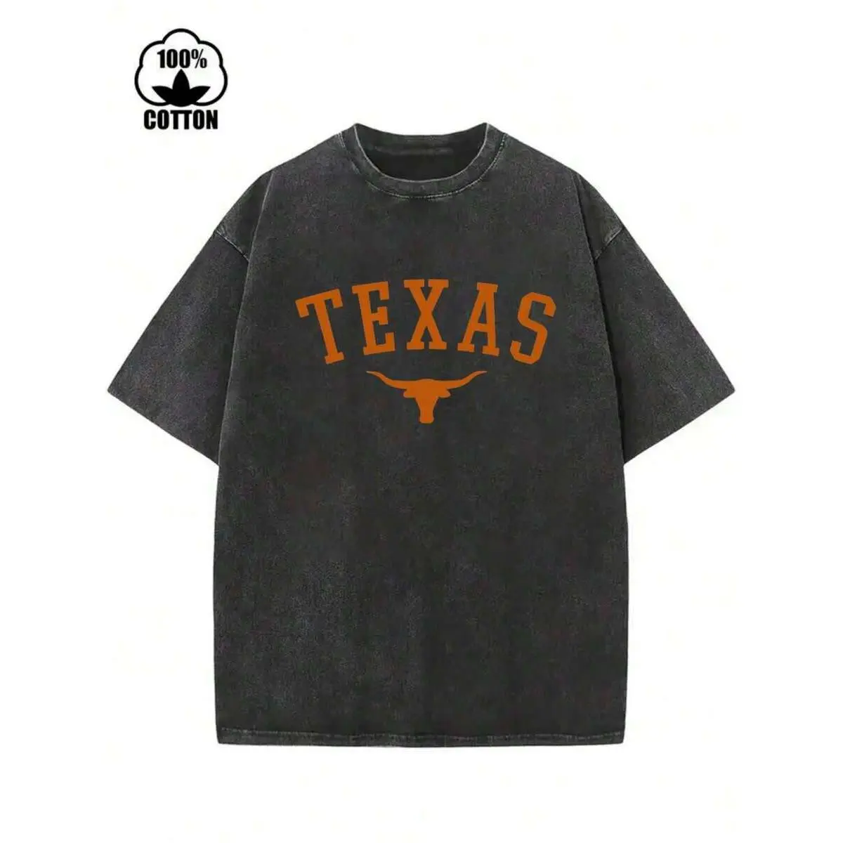 Men's Oversized Distressed Stone Wash Cotton T-Shirt - Round Neck, Classic Curved TEXAS Letter Longhorn Print, Breathable Streetwear Top, Soft Lightweight Unisex Texas Travel Tee, Tshirt, Fabric, Aesthetic, Graphic, Menswear