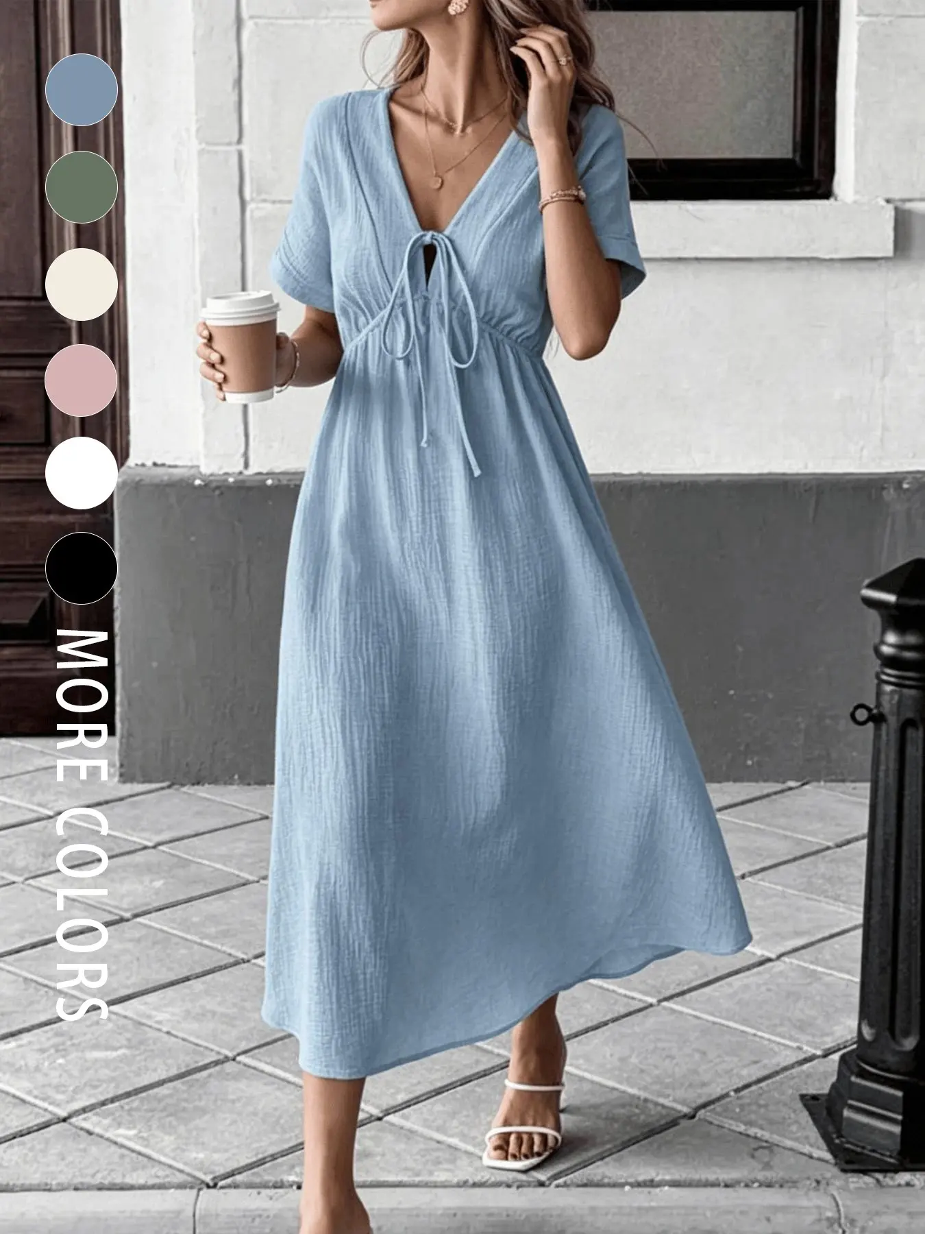 A women's fashionable casual resort-style pure-color dress with a V-neck, lace-up front, high waist, and large skirt, creating a slimming effect and a festive atmosphere. Ideal for summer, dating, parties, beach outings, and afternoon tea.