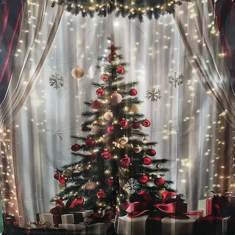 2-Piece, Universal Fit, Christmas curtains, Curtain For Windows, Window Drapes, Holiday red and gold snowflake pattern, translucent rod pocket curtains, suitable for home decoration, Christmas theme, Window Decorations Supplies