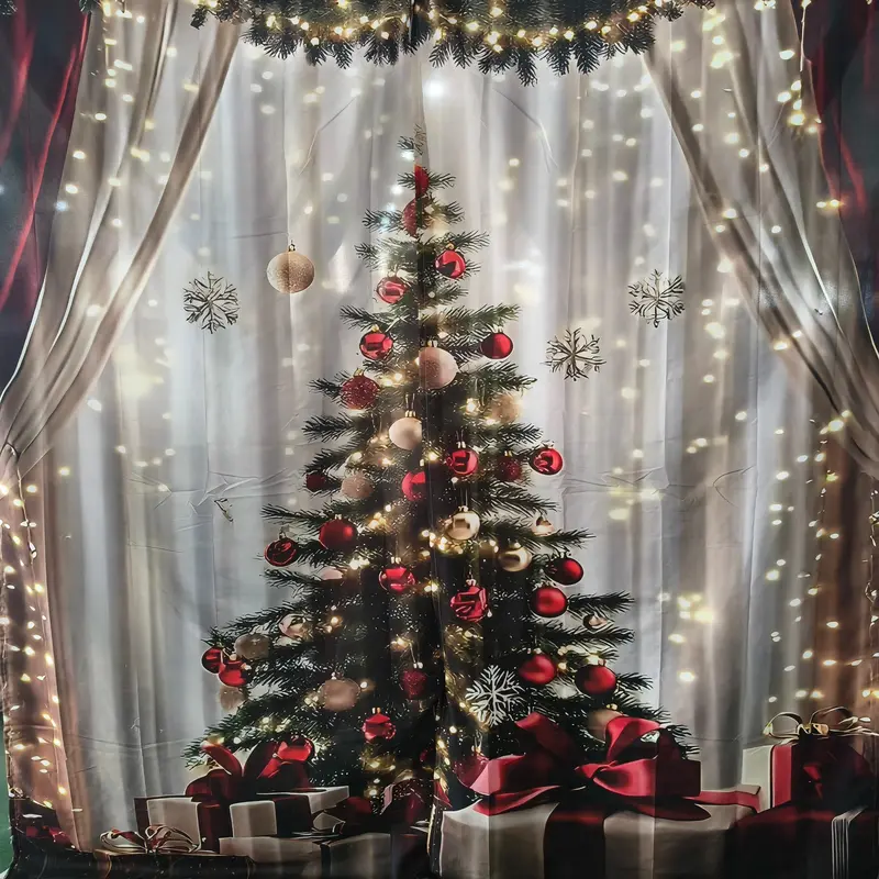 2-Piece, Universal Fit, Christmas curtains, Curtain For Windows, Window Drapes, Holiday red and gold snowflake pattern, translucent rod pocket curtains, suitable for home decoration, Christmas theme, Window Decorations Supplies