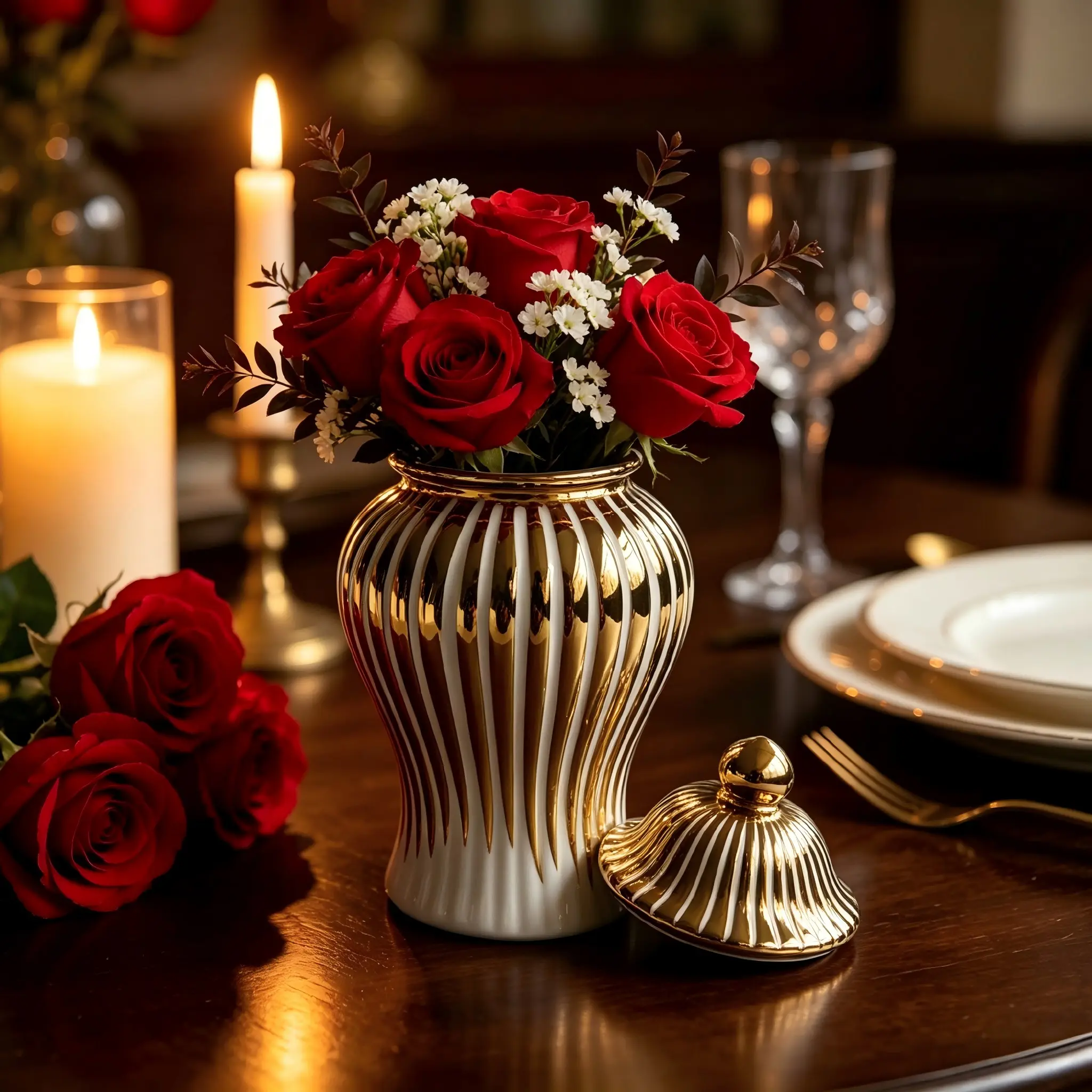 Gold Vertical Pattern Ceramic General Jar with Lid, Dual-Use Flower Vase and Storage Container, Luxury Desk Decor, Moving Gift, Decorative Vases For Home Decor, Modern Ceramic Vase