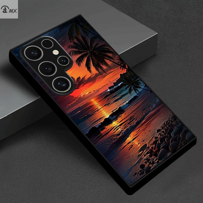 Phone Case: Sunset Beach Coconut Tree Scenic Pattern Design Black Tempered Glass Phone Case Suitable for Samsung Galaxy S26 S25 S24 S23 S22Pro S21 S20 Fe Plus Ultra Pro A56 A55 A54 A53 A52 A51 A36 A35 A34 A32 A26 A25 A24 A23 A16 A15 A14 A06 A05 A03s