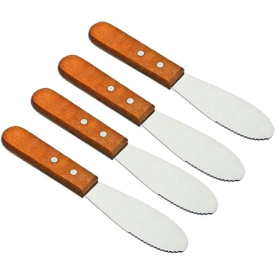 4 Pack Stainless Steel Butter Spreader Knife with Wood Handle for Butter, Cheese, Cream, Sandwich and Condiment Serving
