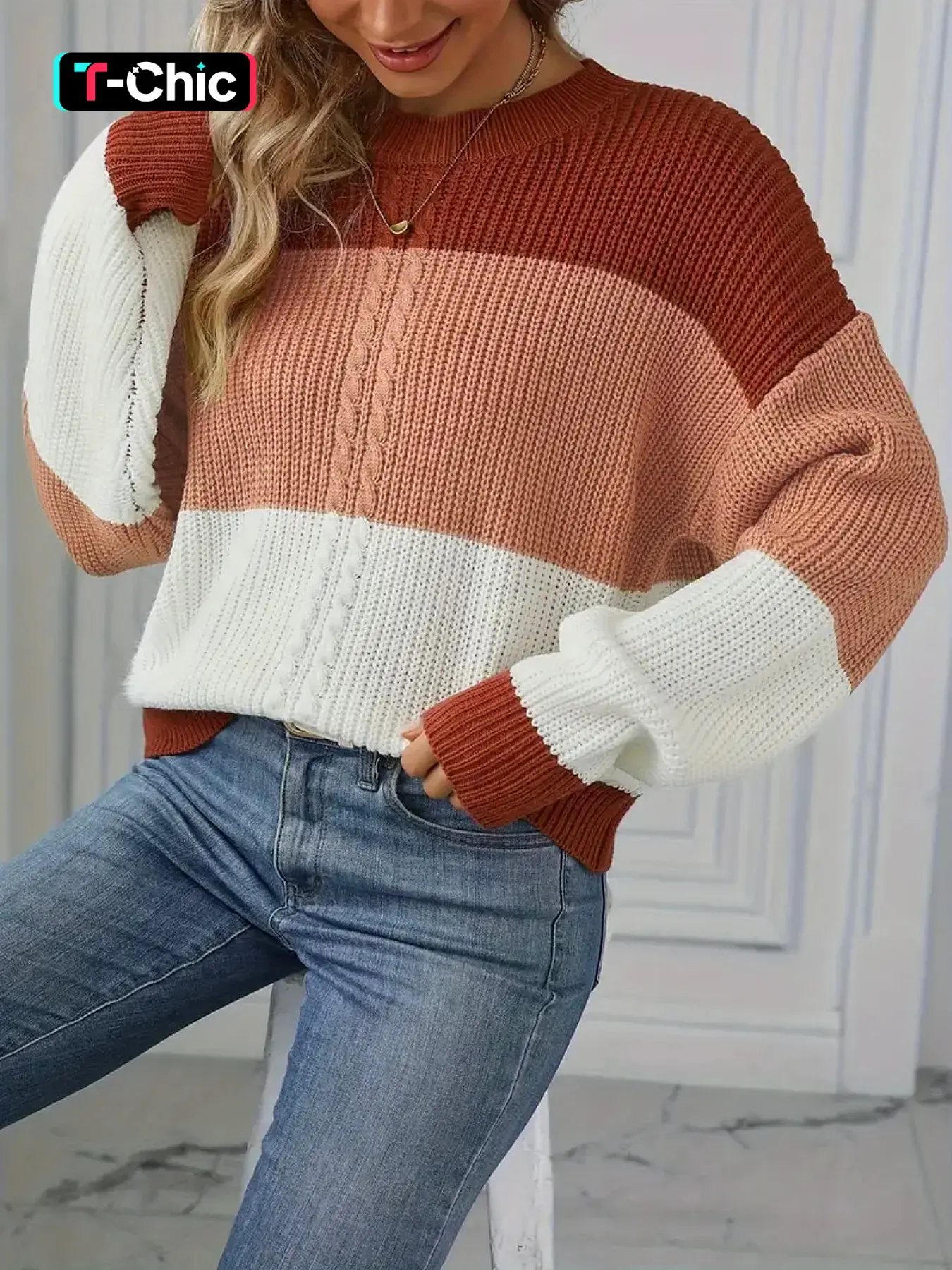 Women's Striped Print Stripe Pattern Colorblock Crew Neck Round Neckline Sweater, Casual Long Sleeve Jumper for Fall & Winter, Fashion Ladies' Knitwear for Daily Wear, Womenswear Piece