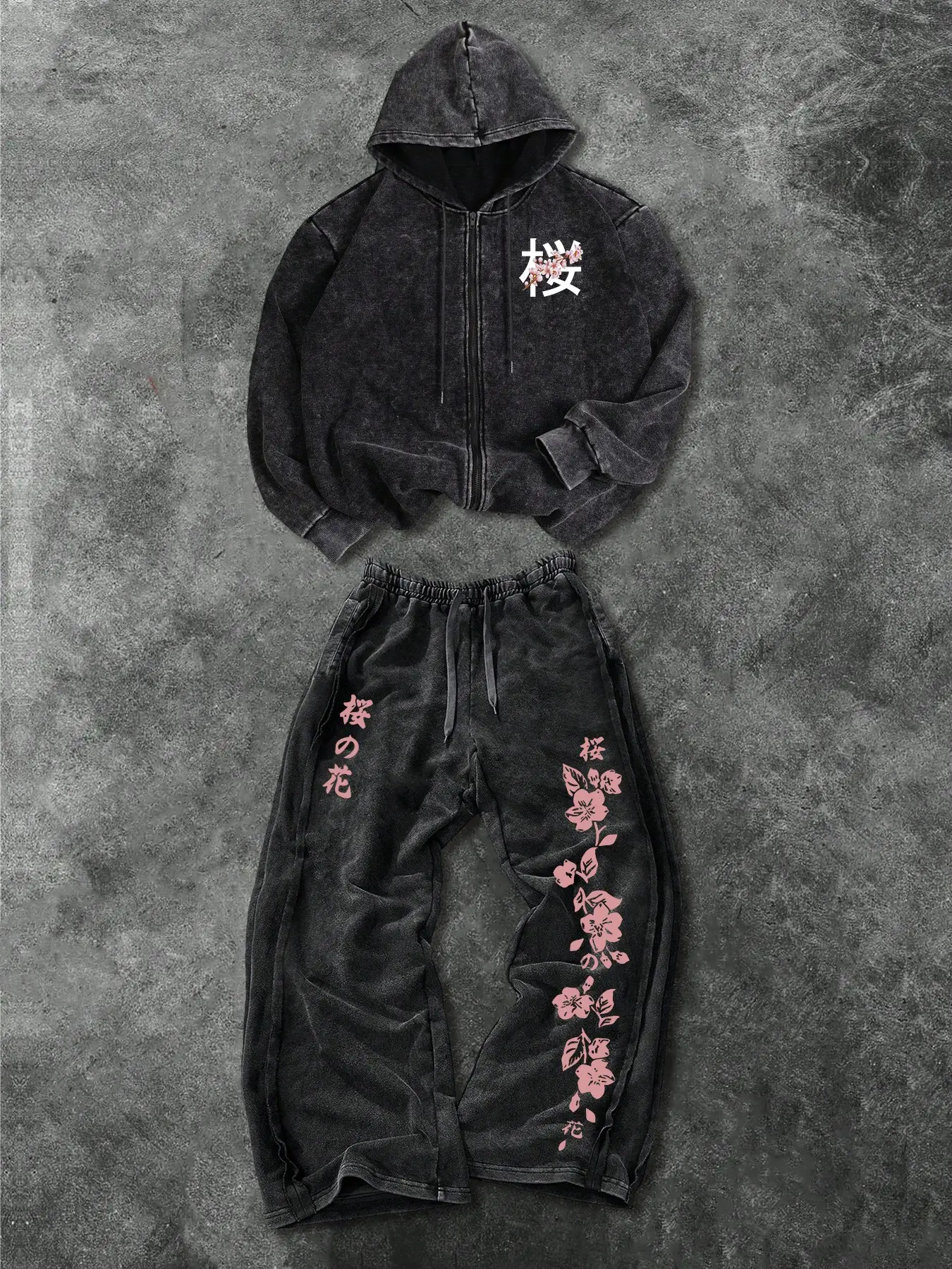 Men's Fashion Casual Two-Piece Set with Cherry Blossom Print, Loose-Fitting Hoodie and Drawstring Pants for Sports, Casual Loose Tracksuit, Spring and Fall