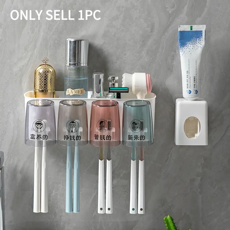 Creative Punch-Free Wall Mount Toothbrush Holder with Rinse Cup, Space-Saving Durable Material Bathroom Accessory for Household Use