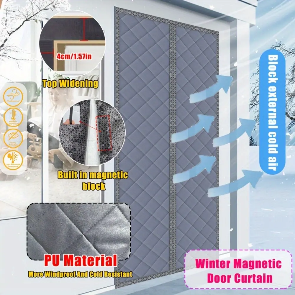 Winter Magnetic Thermal Door Curtain, Waterproof PU Thick Quilted Insulation, Strong Magnet Self-Sealing, Wind-Cold Protection for Household Doors