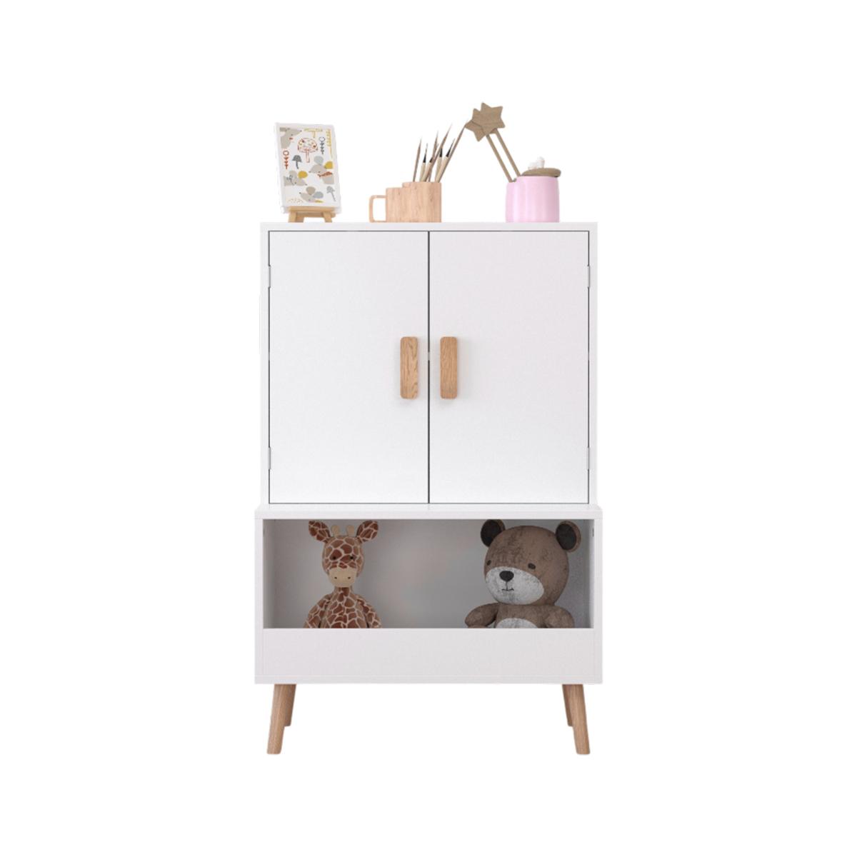 Kids Toy Storage Cabinet with Doors and Open Shelf, White Modern Wooden Organizer with Natural Wood Legs, Toddler Bookshelf for Playroom, Nursery, Bedroom