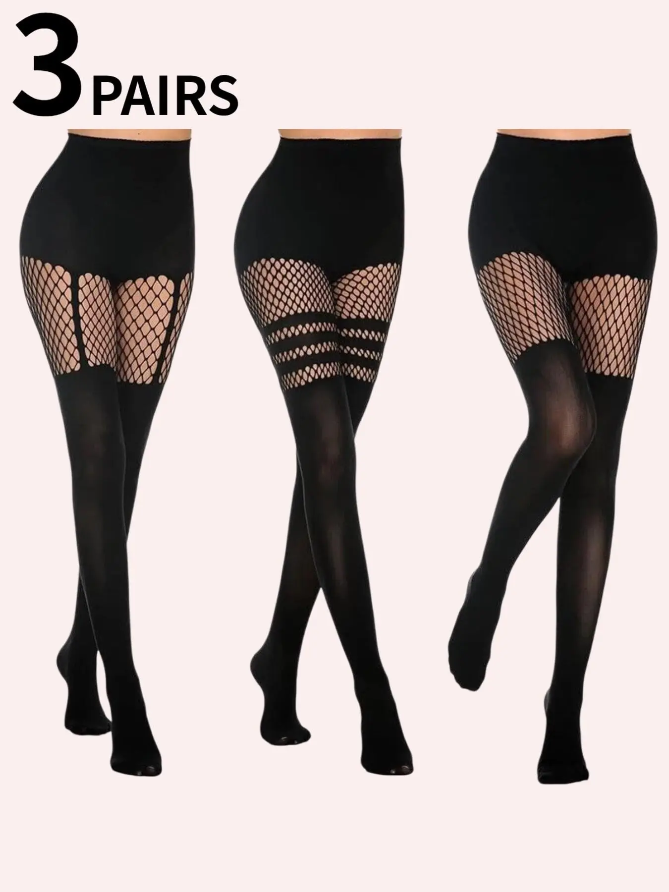 3-Piece Set: Mesh + Stripes + Strappy Black Pantyhose for Women—Sexy Patterns That Make Legs Look Slim and Long; Versatile Pantyhose for Parties and Dates
