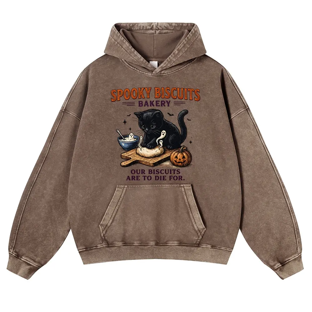 Vintage Brown Acid Wash Hoodie Spooky Biscuits Black Cat Graphic Halloween Sweatshirt Unisex