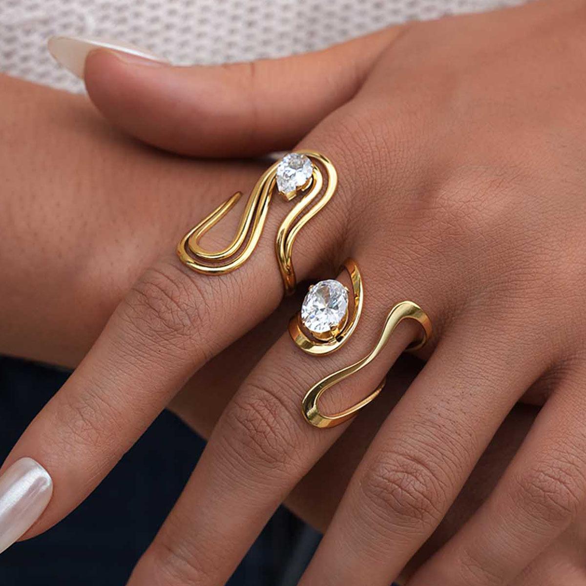 1pc 18K Gold Plated Geometric Line Zircon Open Ring for Women, Stainless Steel Adjustable Sleek Contemporary Jewelry, Dinner Date Holiday Gift for Girlfriend Bestie Gold-Plated Striped Couple Minimalist Stacking