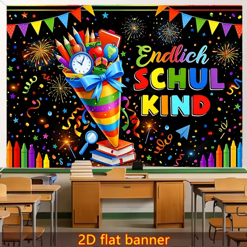 First Day of School Backdrop Banner, Colorful Classroom Decoration with School Supplies, Books and Clock Design for School Events, Photography and Party Decor