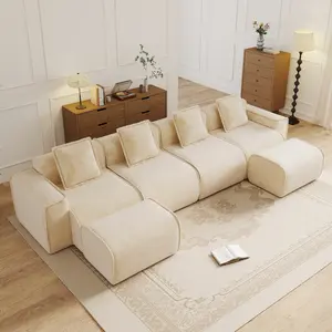 Aobtkel®Streamlined Design Modular 4 Seat U Shape Sectional Boneless Sofa with French Edge Piping, No Assembly Required,4-Seat Sofa Couch with Throw Pillows and 2 Movable Ottomans, Velvet Fabric Light Camel   WL