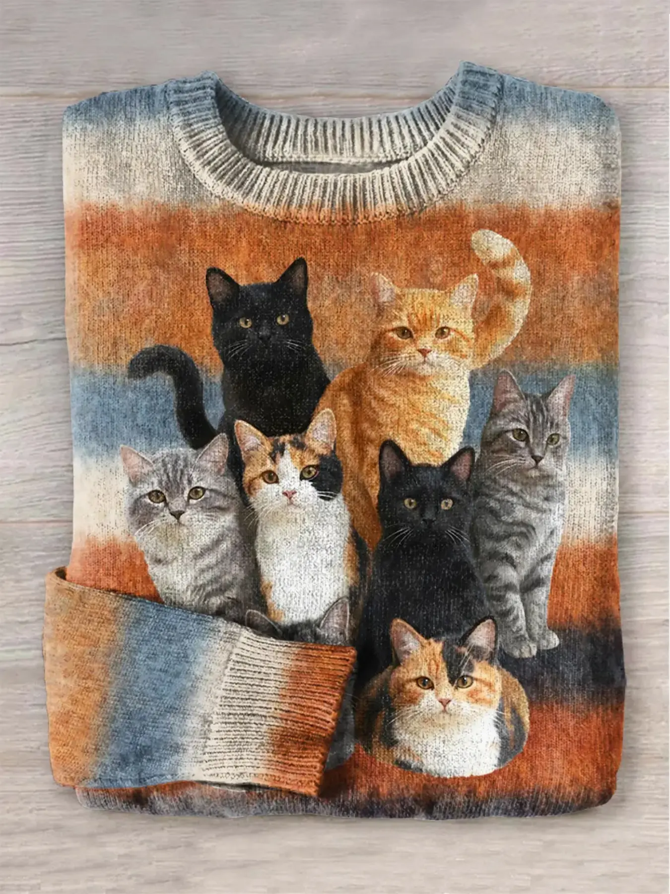 Women's Cute Cat Knit Long Sleeve Round Neck Pullover Knitwear, Bohemian Vintage Print, Soft Stretchy Fabric, Comfortable All Seasons Sweater
