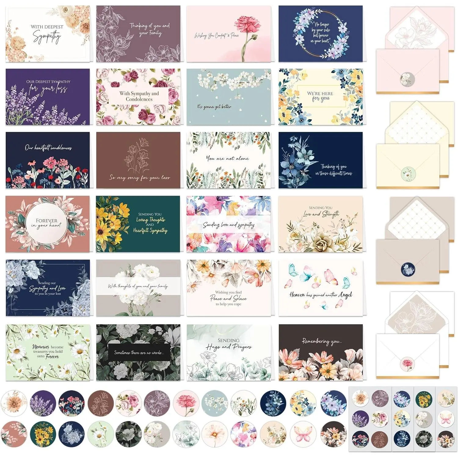 24 Pack 6x4 Inch Assorted Floral Sympathy Cards with Envelopes and Stickers – 24 Folded Designs with Printed Messages Inside for Bereavement, Grief, Loss, and Mailing to Family & FriendsGift