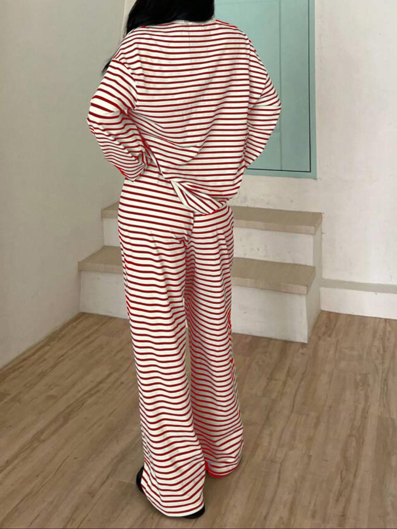 Women's Casual Striped Long Sleeve Top & Pants Set, Comfortable Loose-Fitting Home Wear, Fashionable Two-Piece for Daily Use
