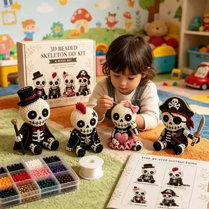 Handmade 3D Skull Bead Doll Kit, Punk Gentleman Pirate Girl Skull, Festival Holiday Birthday DIY Craft Gift, Parent-Child Interactive Activity