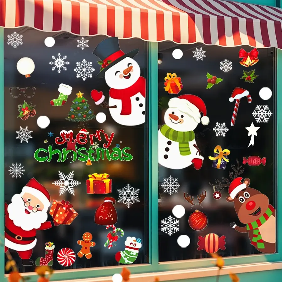 8-Piece Christmas Window Stickers Set, Static Cling Decorations, Santa Claus Reindeer Snowflake, Adhesive-Free Window Decals, Journal Display