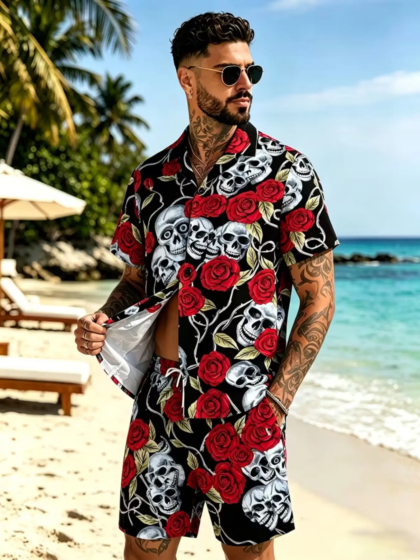 Men's Short Sleeve Shirt and Pants Set, Halloween Skull Rose Print Cuban Collar, Gothic Style Beach Party, Two-Piece Set