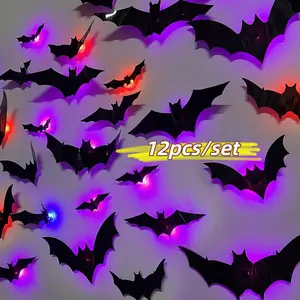 12-Piece Halloween Bat LED Night Light Set, Glow-In-The-Dark Bat Decorations, PVC Wall Stickers, Indoor Outdoor Party Atmosphere