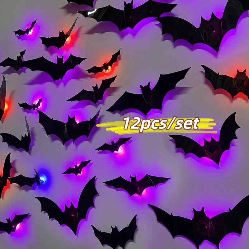 12-Piece Halloween Bat LED Night Light Set, Spooky Themed Decorative Lights, Glow-in-the-Dark Bat Decorations, PVC Wall Stickers, Indoor and Outdoor Party Atmosphere