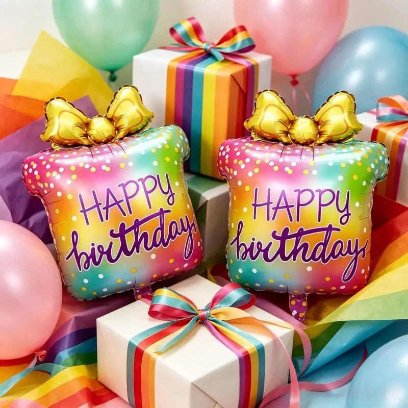 2pcs Rainbow Gradient Gift Box Birthday Aluminum Balloons, Reusable Style Birthday Decorations, Party Sweet Table Decor, Photo Props