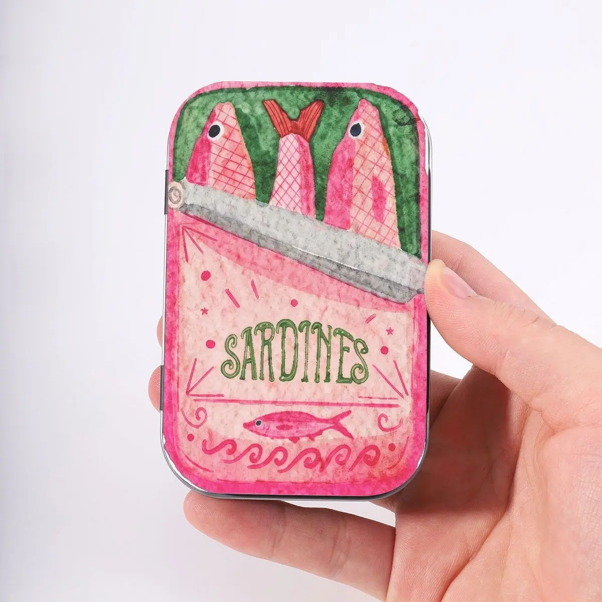 Vintage Sardines Element Rectangular Hinged Metal Storage Box, Portable Pocket Mini Hard Metal Organizer Case with Flip Lid, Compact Handheld Desktop Trinket Container, Trendy Aesthetic Table Decor Collectible Gift for Adults