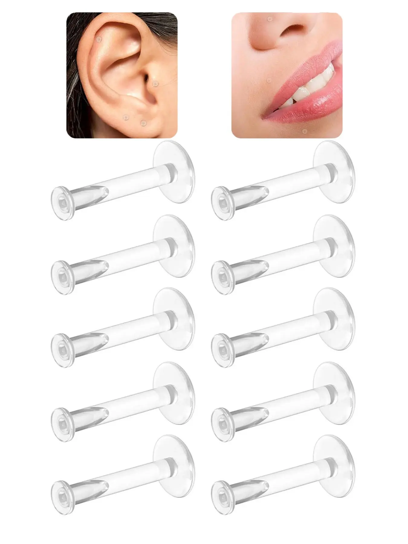 10Pcs 16G/18G Clear Earrings for Sports and Work, Hypoallergenic Bioflex Labret Clear Piercing Retainers, Plastic Stud Earrings for Cartilage Helix Tragus Lip, Helix Piercing Jewelry