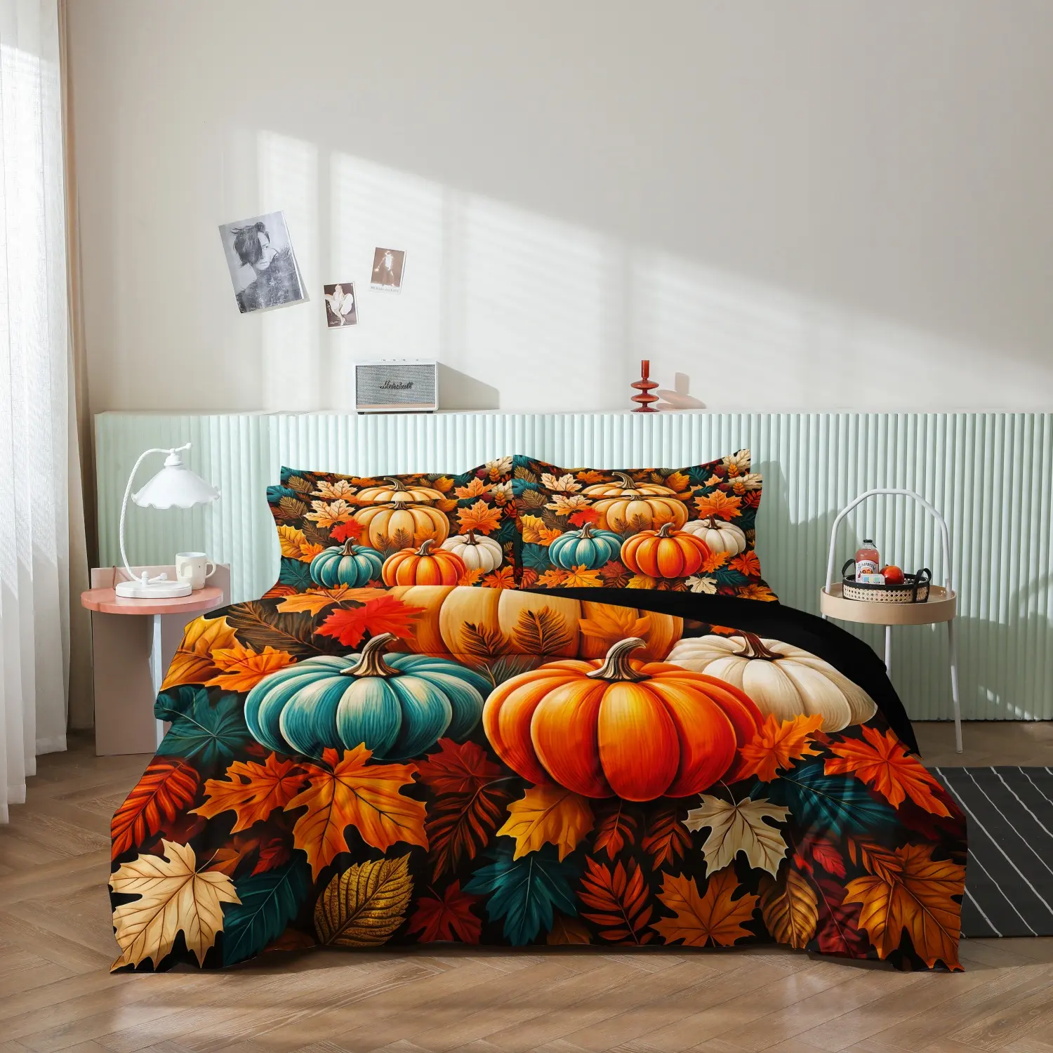 3 Pieces Autumn Thanksgiving Print Duvet Cover Set, Dark Background Teal Orange White Pumpkin Fall Maple Leaf Print Bedding, Farmhouse Harvest Season Home Textile Bedroom Decor (1 Duvet Cover + 2 Pillowcases, No Comforter No Pillow)
