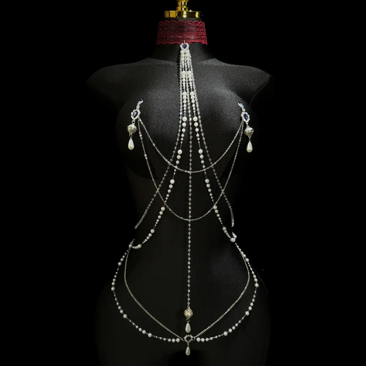 Draped Front Focal Layered Body Chain Jewelry - Pearl-Style Beaded Drops, Coated Metal, Festival Outfits Accessory, Creative Wardrobe Statement Costume Jewelry