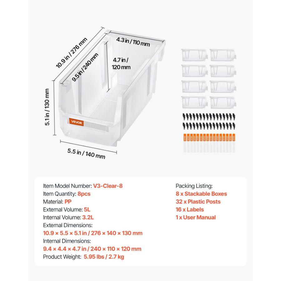 VEVOR Plastic Stackable Storage Bins, 10.9x 5.5x 5.1 inch (8 Pack), Plastic Containers for Organizing Storage Bins for Closet, Garage, Small Parts, Office Supplies, Other Accessories, Transparent