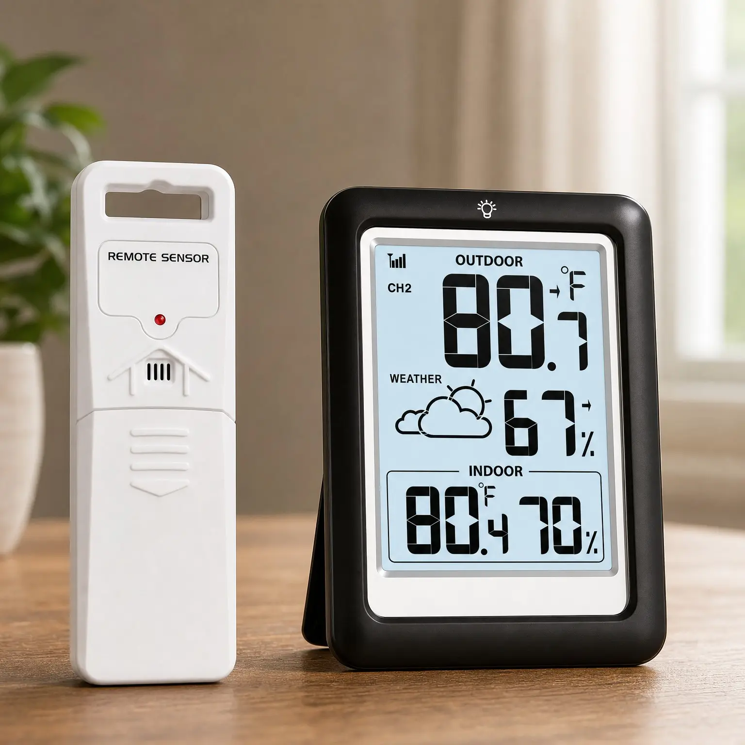 Wireless Indoor Outdoor Thermometer Hygrometer Weather Station, Battery Operated Temperature Humidity Monitor with 330 Feet Range and Backlight Display (Black)Gift