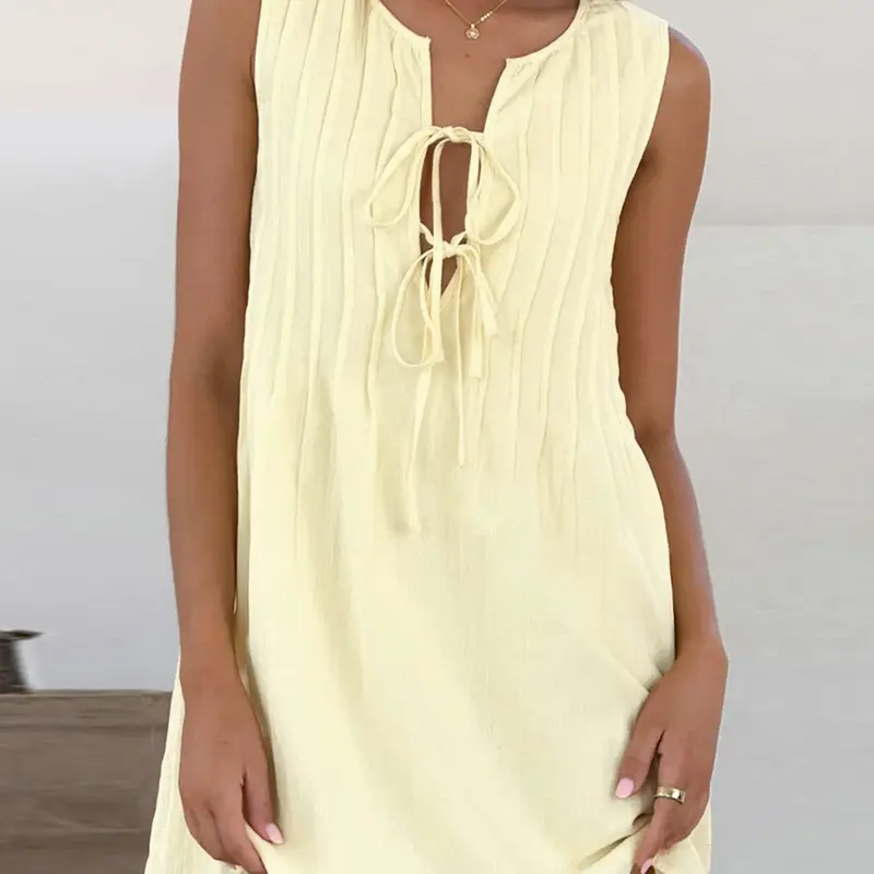 Women's Plain Tie Front Dress, Casual Sleeveless Linen Dress Summer Dresses for Summer Beachwear Dress, Ladies Clothes for Daily Wear