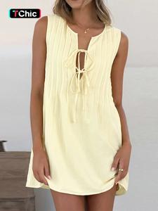 women's plain tie front dress, casual sleeveless linen dress for summer, ladies clothes for daily wear,  dresses for women