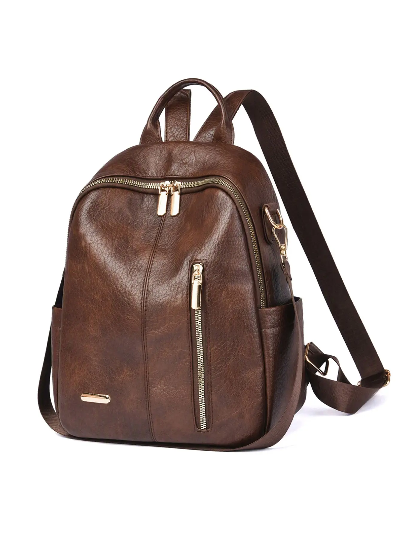 Women's PU Leather Backpack, Vintage Simple Style, Zipper, Multiple Compartments, Detachable Shoulder Strap, Side Pocket Design