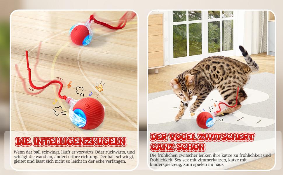 Interactive Cat Toys for Indoor Cats - Interactive Puppy Toys Ball with Tail,Realistic Bird Chirping,Smart Obstacle Avoidance and Auto Restart,Cat Puzzle Toys for Bored Indoor Adult Cats and Dog
