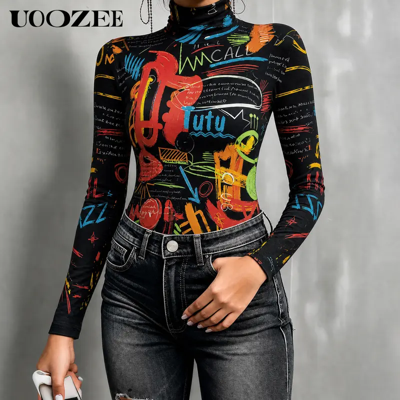 UOOZEE Women's Fall Y2K Graffiti Musical Note Print High Neck Turtleneck Top, Stretchy Slim Fit Bodycon Base Shirt, Casual Autumn Layering Tops for Women