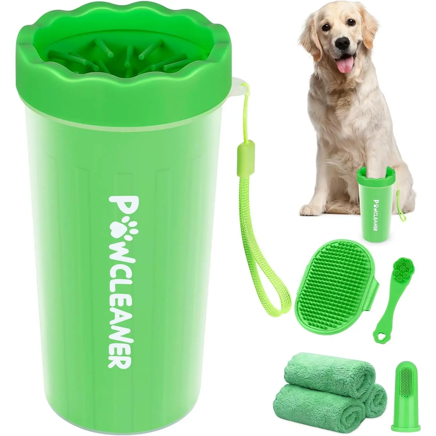 Professional 7 in 1 Dog Paw Cleaner for Dogs & Cats - Includes 1 Portable Paw Washer, 1 Bath Brush, 2 Dog Toothbrushes and 3 Absorbent Towels Note: Fits Paws 2.5 to 3.5 Inches Wide (Large, Green)