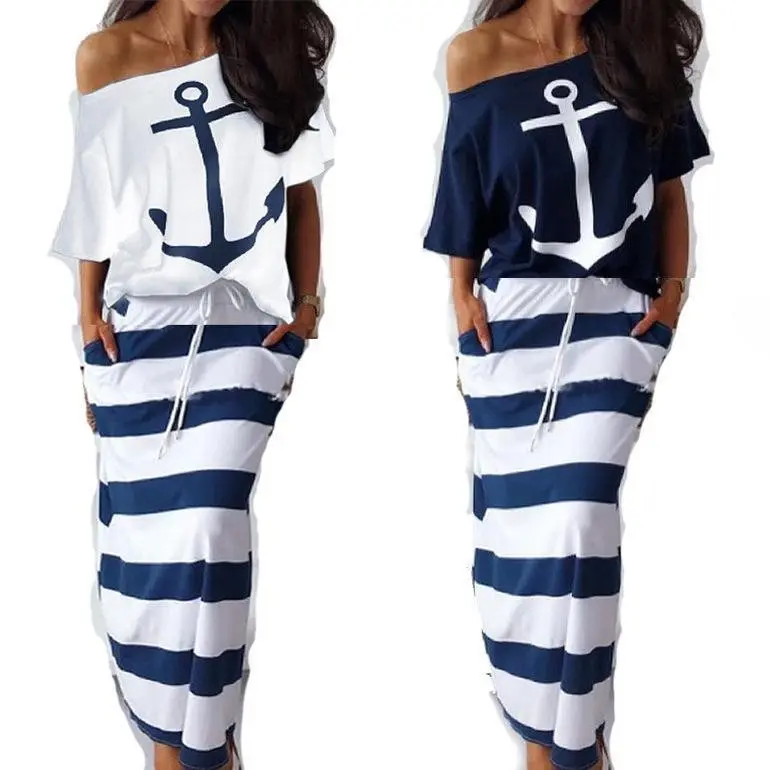 2025 Nautical Anchor Print Two Piece Outfit Short Sleeve Tee with Skirt Vacation Casual Cotton Womenswear