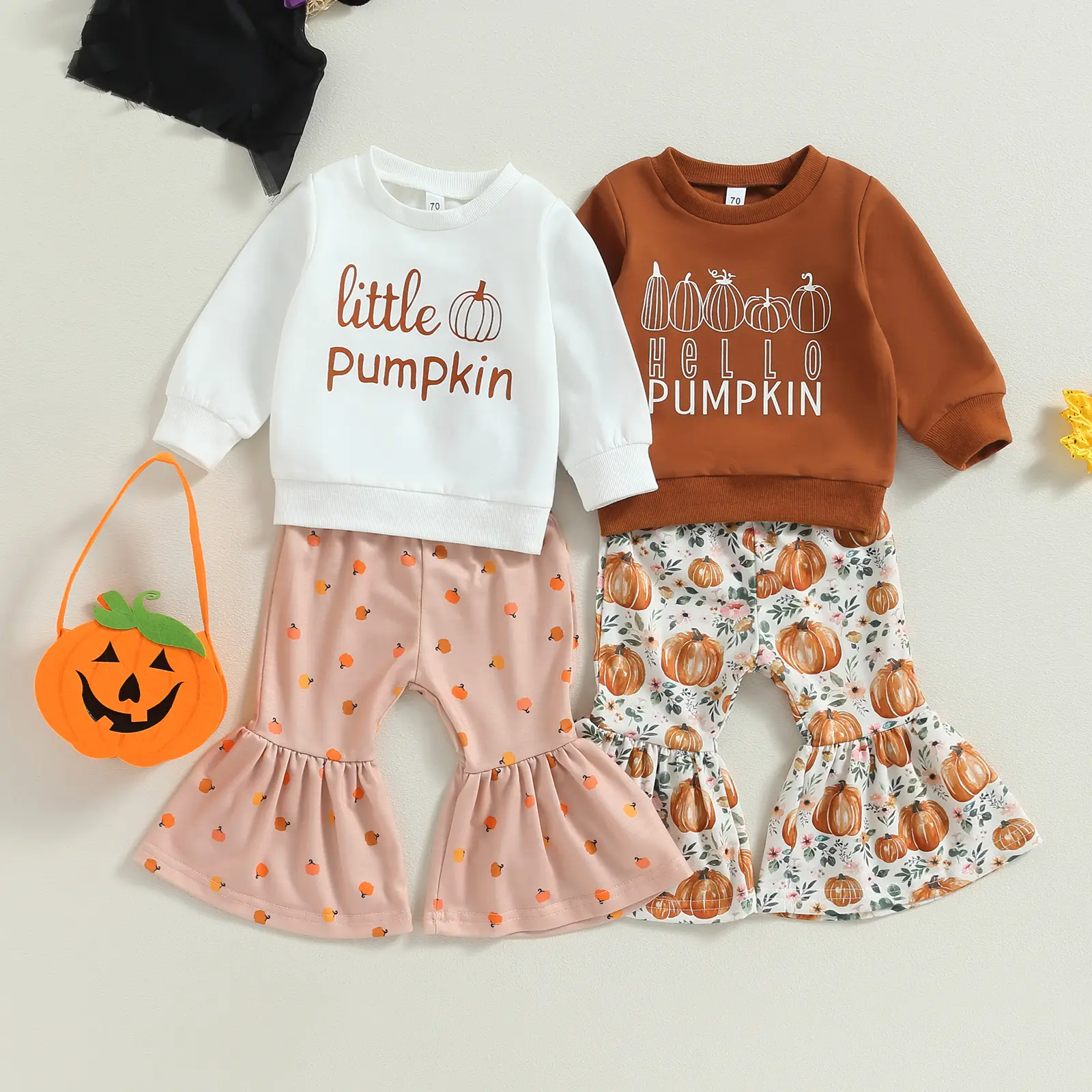Toddler Girls Halloween Clothes Cute Pumpkin & Letter Printed Pullover Sweatshirt Top and Matching Elastic Waist Flare Pants 2Pcs Festival Outfits