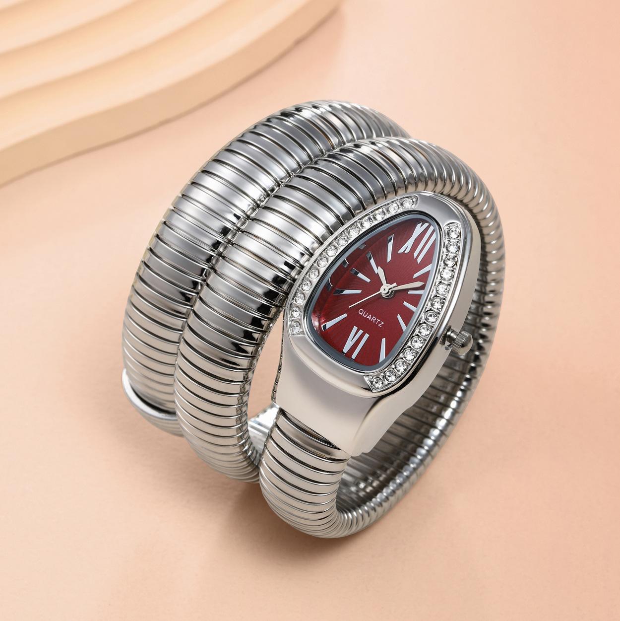 Women's Luxury Gold Snake Bangle Quartz Watch - Wrap Around Wristwatch with Crystal Diamond Bezel, Mother of Pearl Dial, Roman Numerals, Elegant Retro Statement Timepiece, Perfect Gift for Her