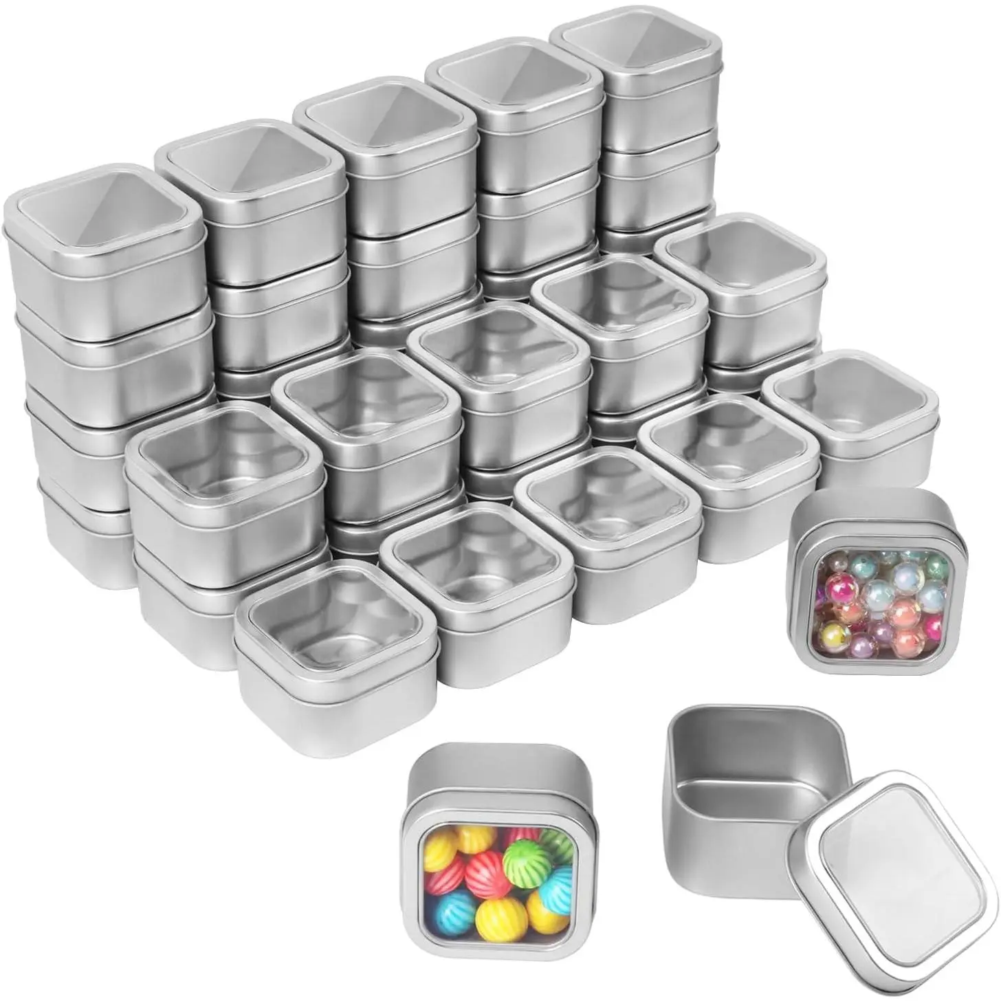 40 Pack 4oz Square Silver Metal Tins with Clear window, 4 OZ Candle Tins with Clear Lids for Candle Making, Candies, Gifts & DIY Projects