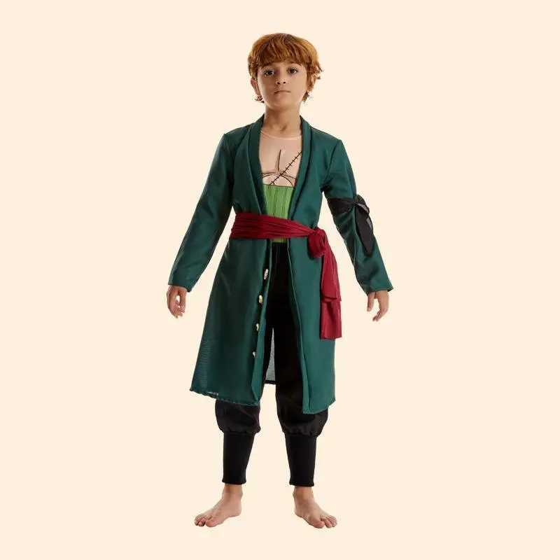 Men's Anime Roronoa Zoro Character Look Uniform Suit, Menswear Polyester Fabric Set with Green Coat, Pants, Headscarf, Wig, Earrings for Halloween