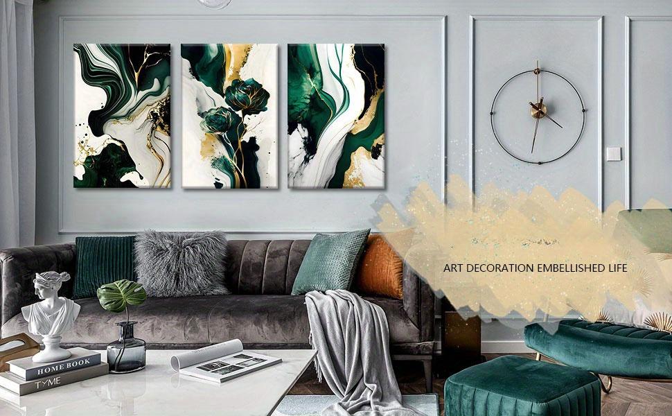 3Pcs Framed Emerald Green Wall Art, Modern Green and Golden Abstract Marble Canvas Wall Art Paintings Prints Posters Wall Decor Pictures for Living Room Bedroom Office Home Decoration, Ready to Hang