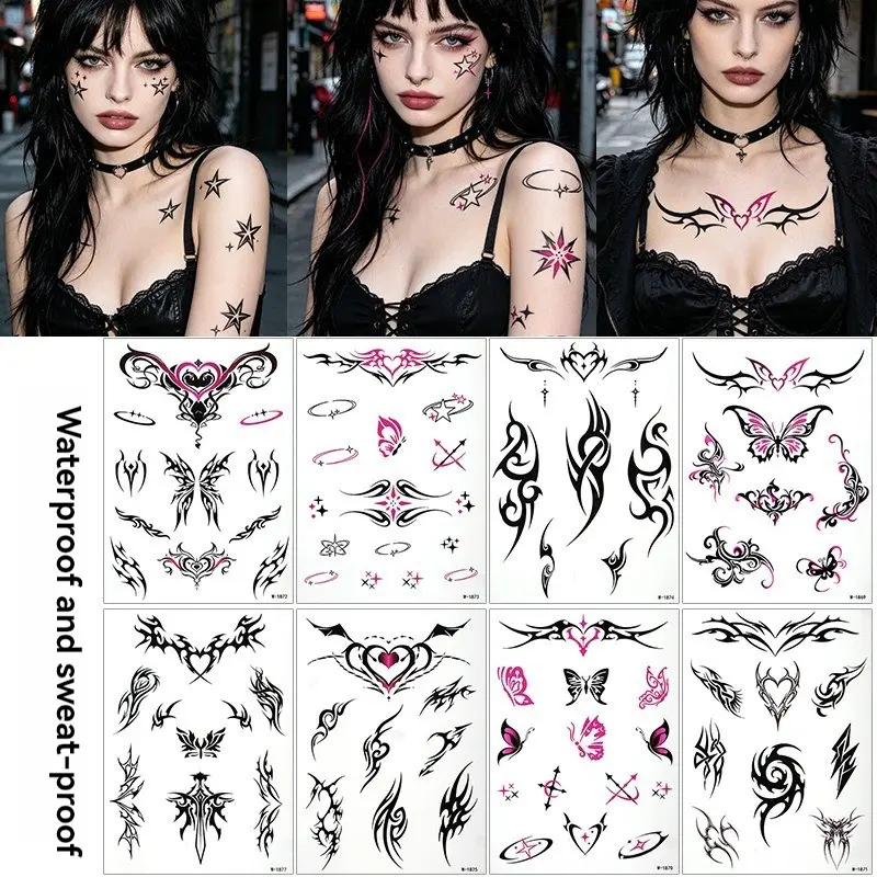 1-10pcs Y2K Wind Aesthetic Tattoo Sticker, Punk Style Heart-Shaped Butterfly Demon Temporary Tattoo, Fashion Body Art Accessories