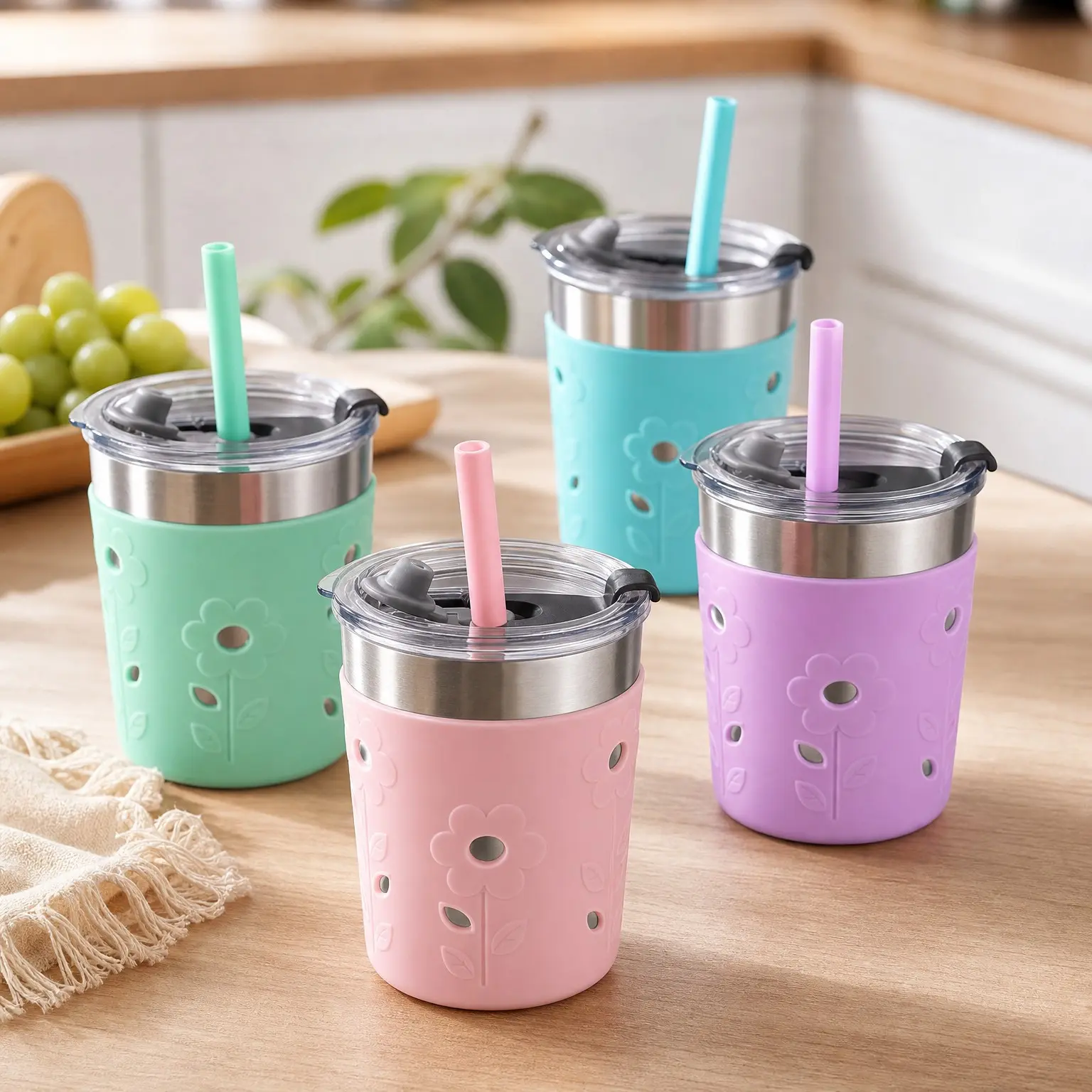 Kids & Toddler Stainless Steel Smoothie Tumblers with Spill Proof Leak Proof Lids, Silicone Straw with Stopper & Sleeve, BPA-Free Snack Cup for Baby Girls Boys (4 Pack, 8oz Multicolor)(Gift)