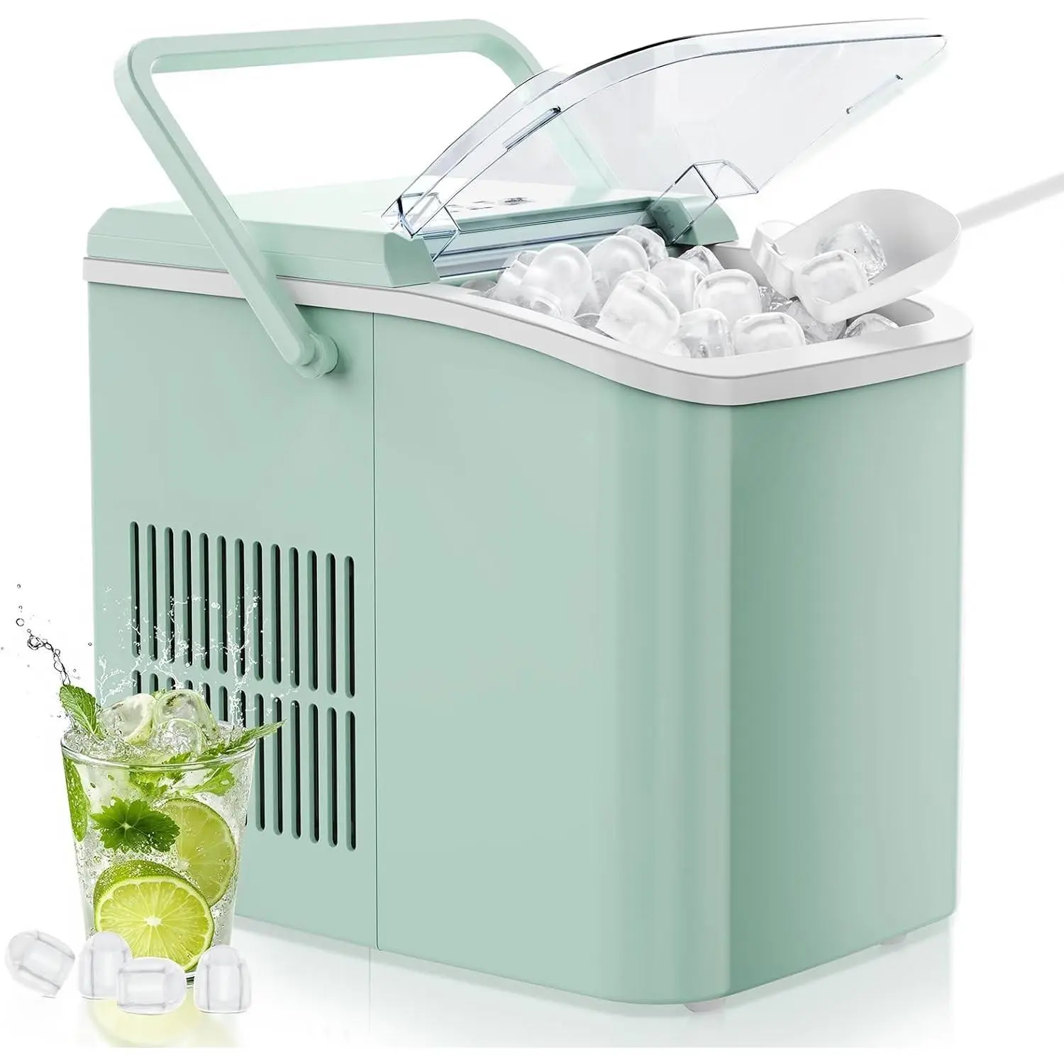 Countertop Ice Maker Machine with Handle, Auto-Cleaning Portable Ice Maker with Basket & Scoop, 26lbs in 24Hrs & 9 Cubes in 6 Mins, 2 Cube Sizes, for Home Party Camping RV, GreenGift